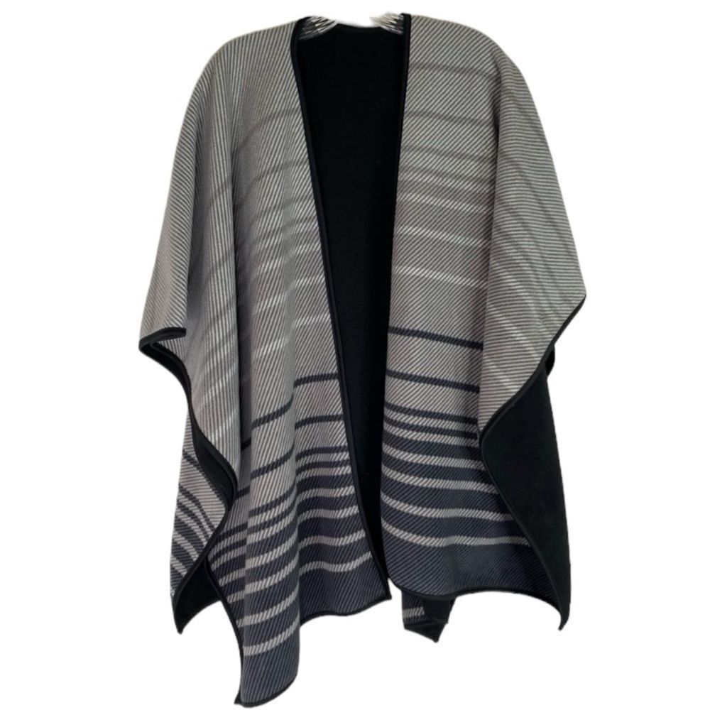 Ike Behar Ruana Reversible Wrap Blanket Shoulder Throw OS Black Gray Stripe